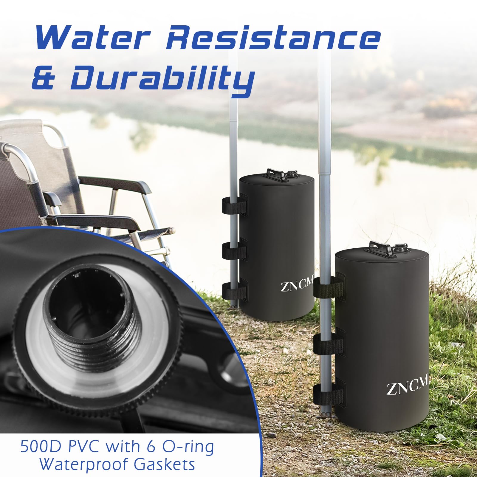 ZNCMRR weights stabilize a pop-up canopy on a campground or beach.