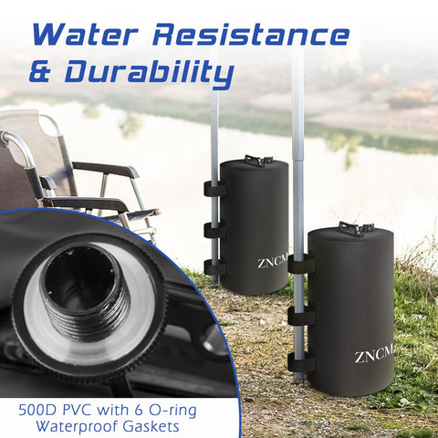 ZNCMRR weights stabilize a pop-up canopy on a campground or beach.