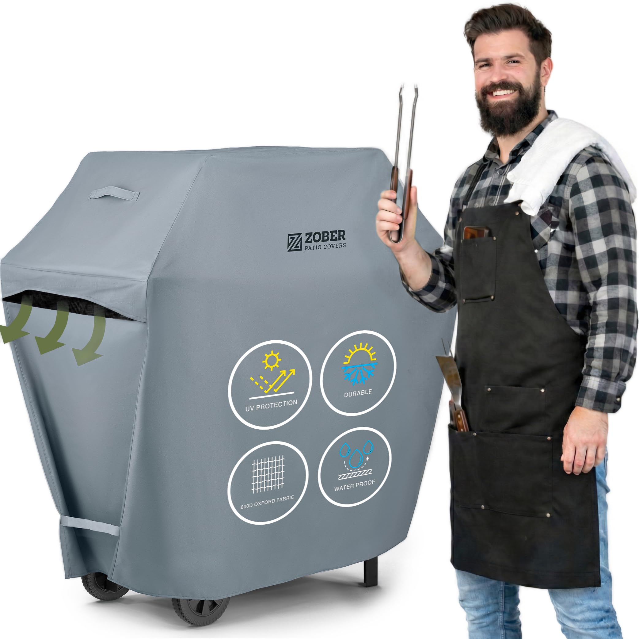 ZOBER heavy duty BBQ cover on a 58-inch grill protecting from rain