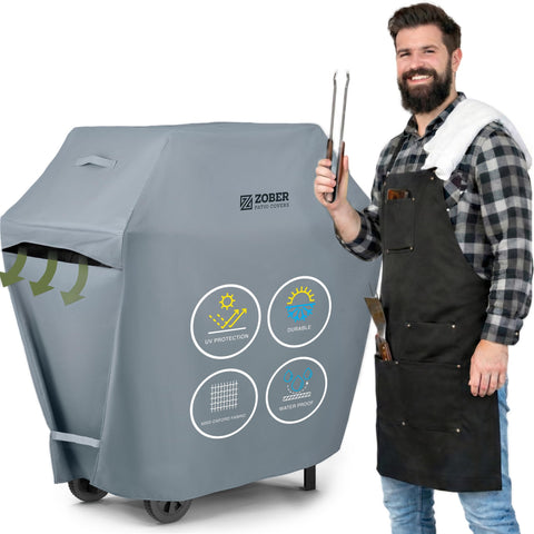 ZOBER heavy duty BBQ cover on a 58-inch grill protecting from rain