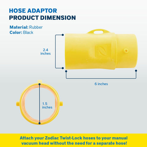 Zodiac manual vac head adapter closeup highlights durable fittings and precise threading.