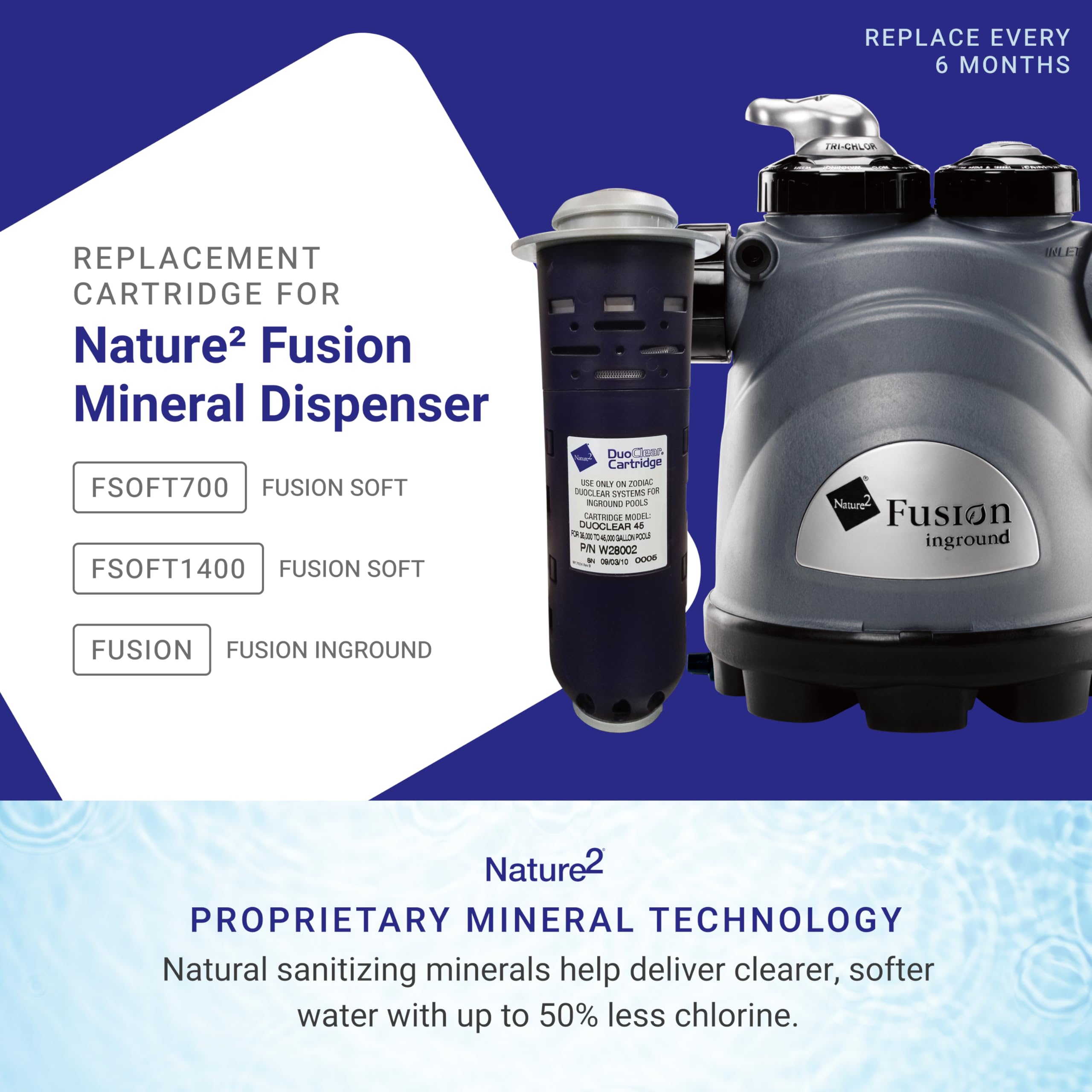 Zodiac Nature2 Fusion system cartridge provides long-lasting mineral sanitation for pools up to 35,000 gallons