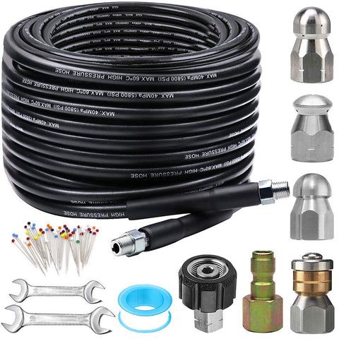 ZOFINE sewer jetter kit with 100ft hose for deep drain cleaning.