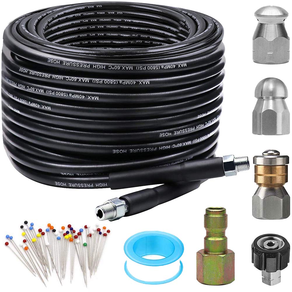 ZOFINE sewer jetter hose 50ft for deep clog removal in pipes.