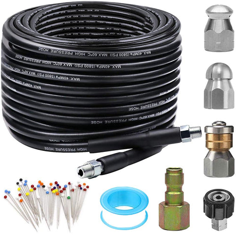 ZOFINE sewer jetter hose 50ft for deep clog removal in pipes.