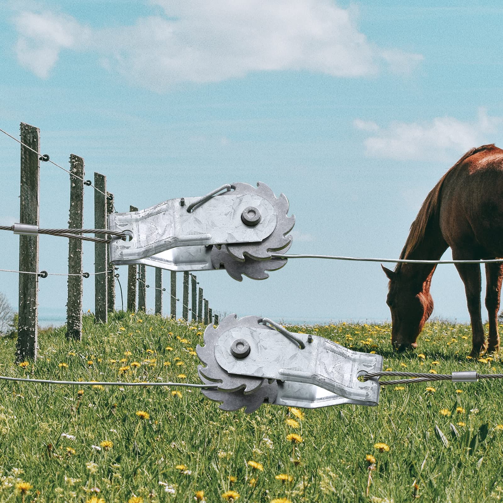 Zoiut fence tensioners used in a garden setup