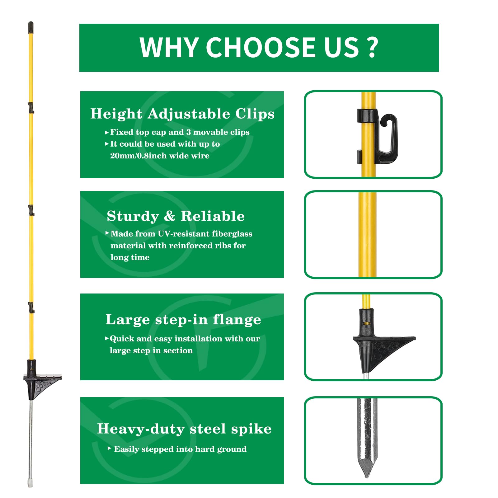 Zoiut step-in cap and clips highlighting adjustable height for fence line customization