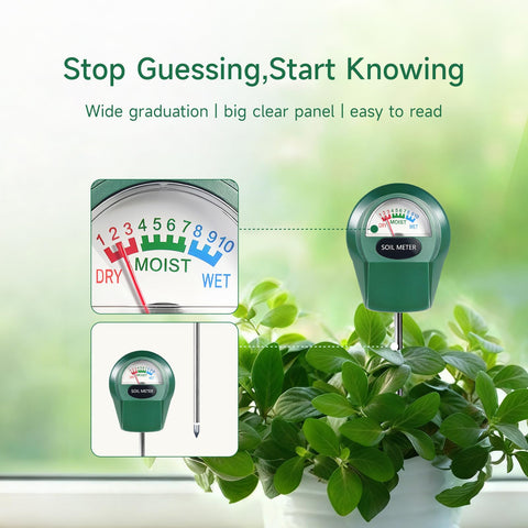 Zoiydals moisture meter in soil shows moisture levels for healthy plants.