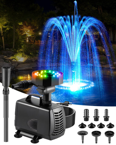 ZoneJoy submersible pump with RGB lighting enhances pond filtration and aesthetics.
