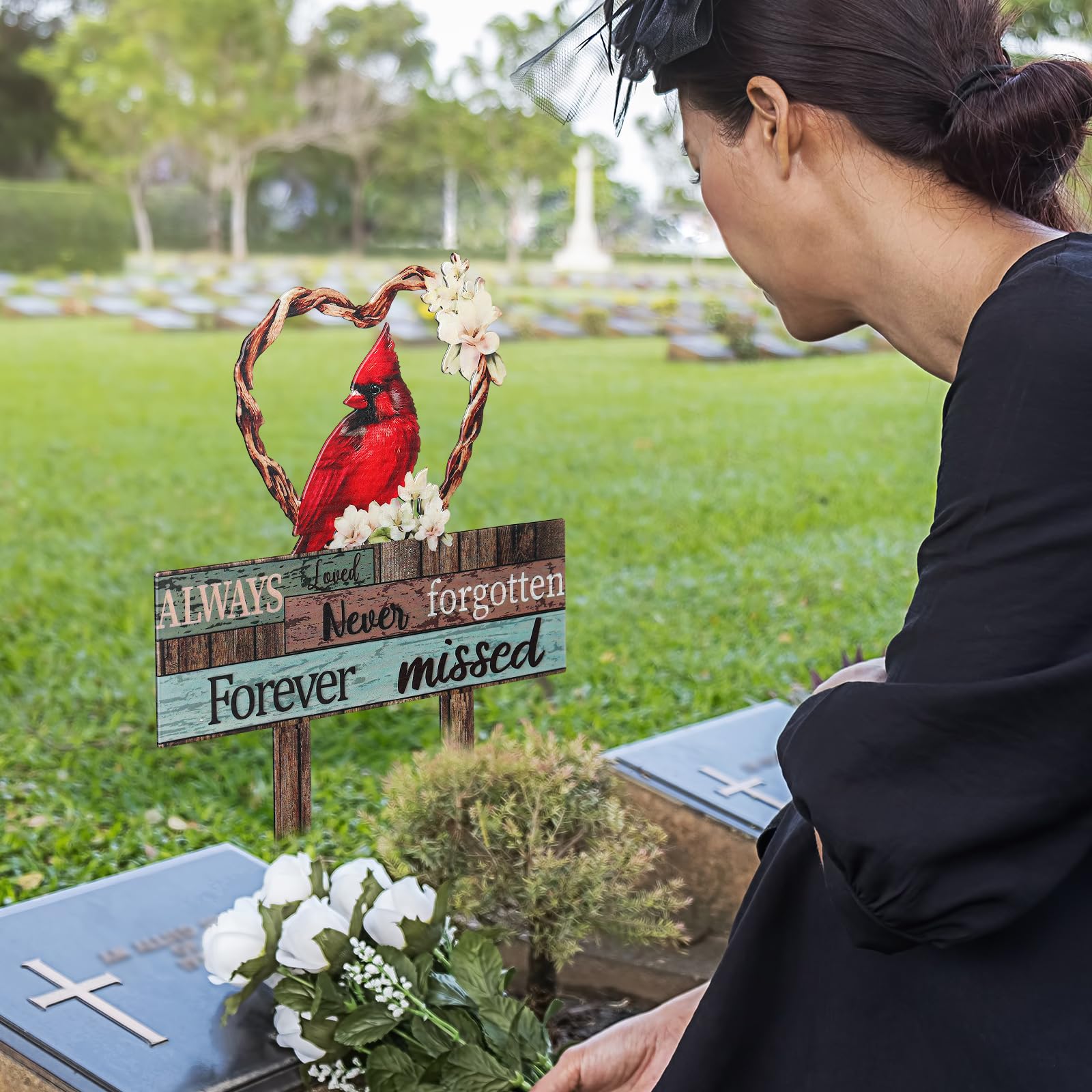 Zonon Cardinal Heart Stake brown emphasizes warmth, durability, and outdoor endurance for gravesite decor.