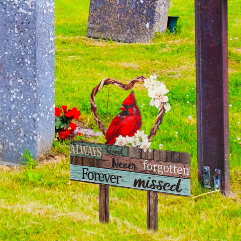 Zonon Cardinal Heart Stake red highlights the cardinal motif and floral details for memory display.
