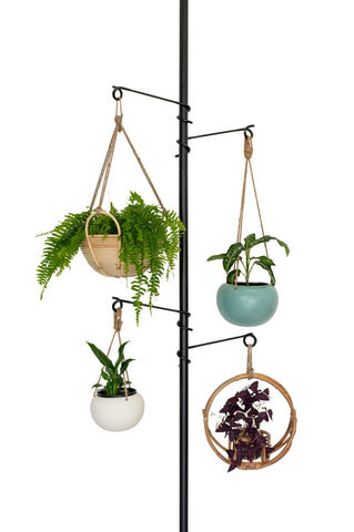 Zononoca tension rod plant stand side view showing adjustable hooks and height flexibility