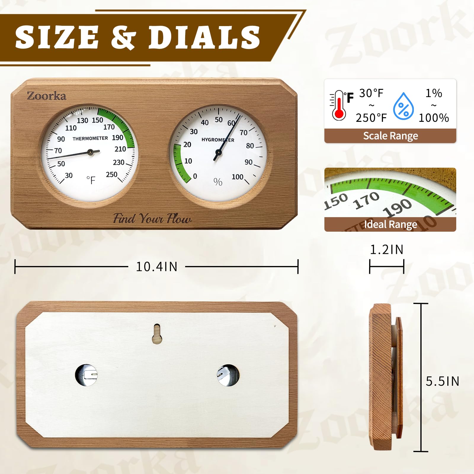 Dial face of Zoorka Fahrenheit showing easy-to-read green zones for optimal ranges.
