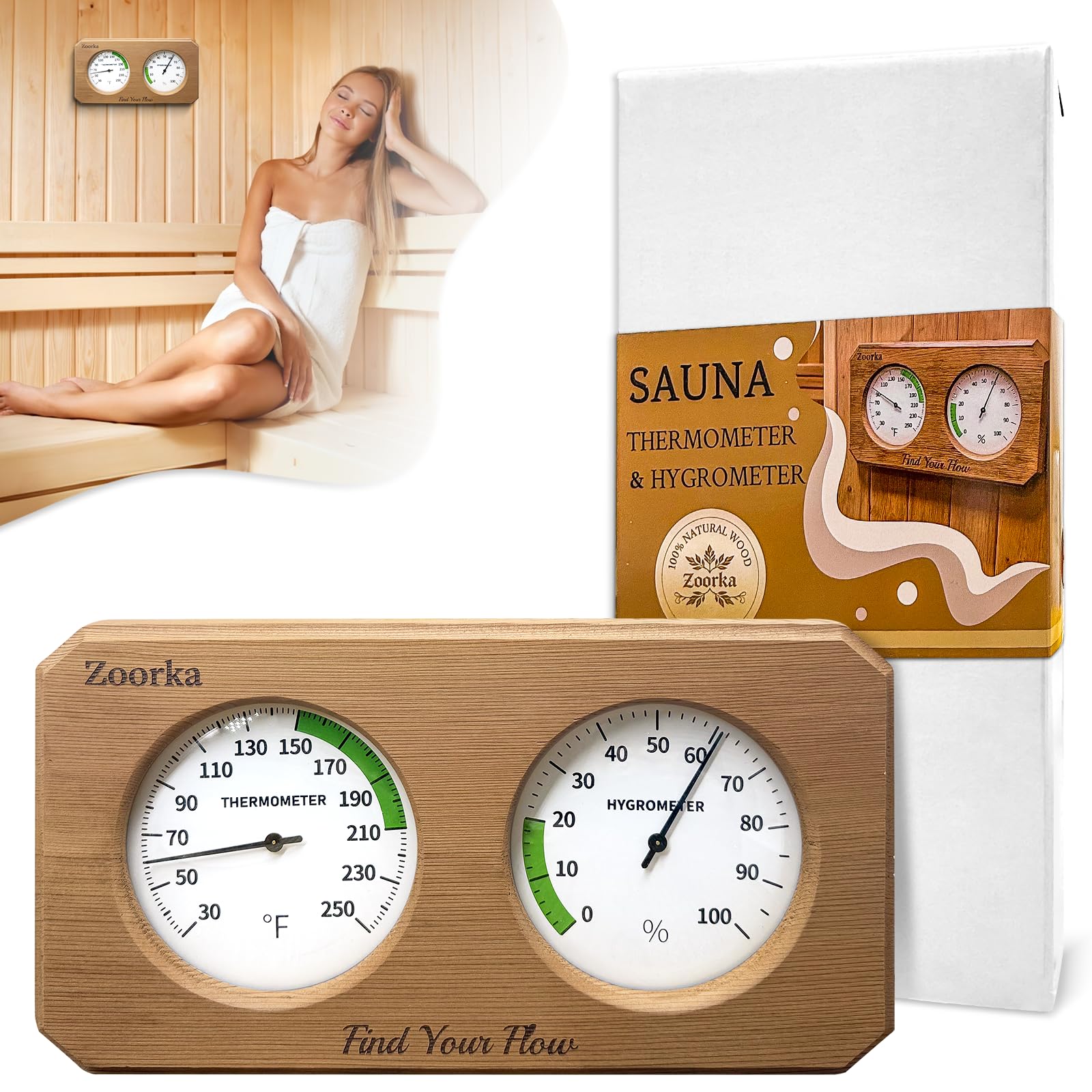 Zoorka Fahrenheit 2-in-1 thermometer and hygrometer showing clear readings for a comfortable sauna session.