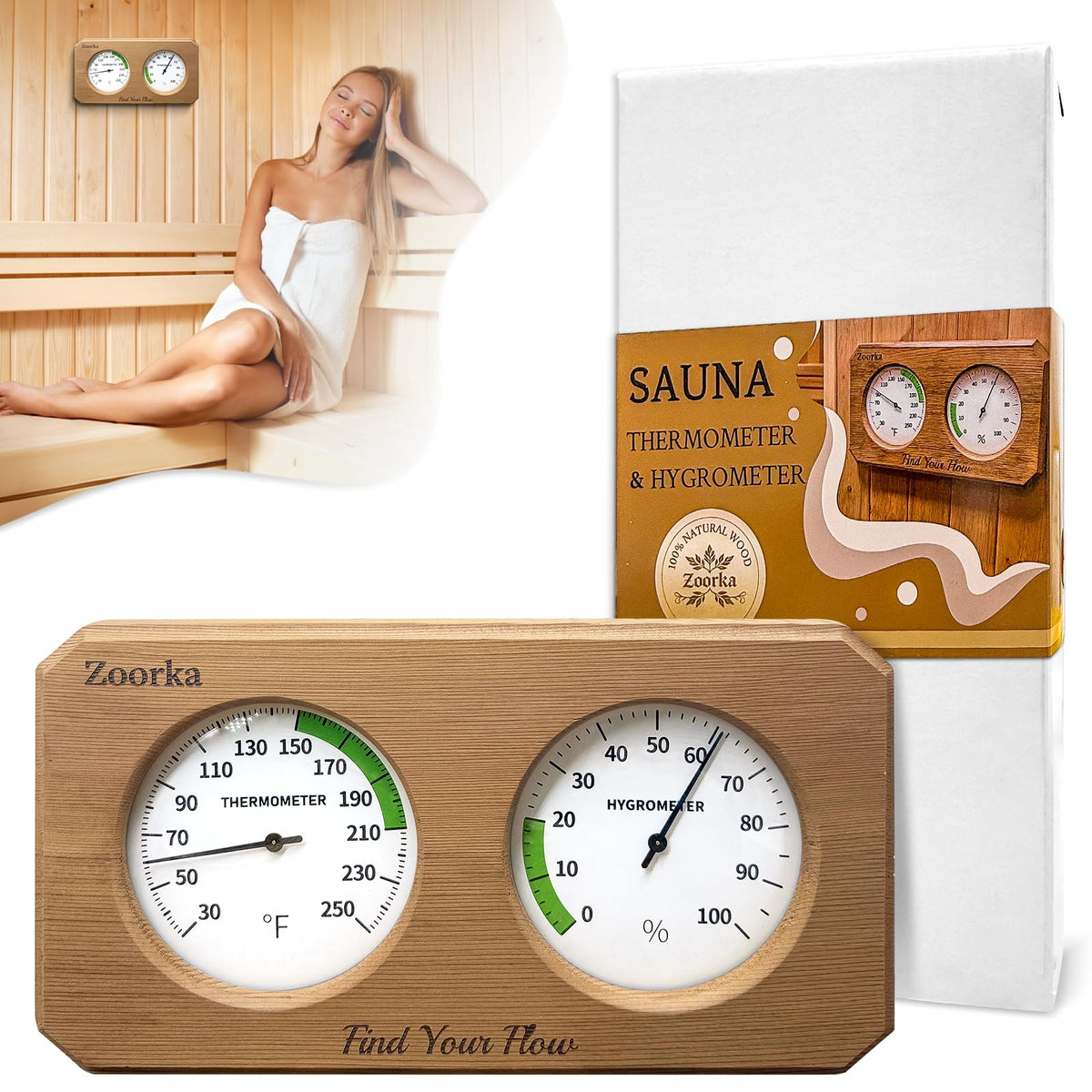 Zoorka Fahrenheit 2-in-1 thermometer and hygrometer showing clear readings for a comfortable sauna session.