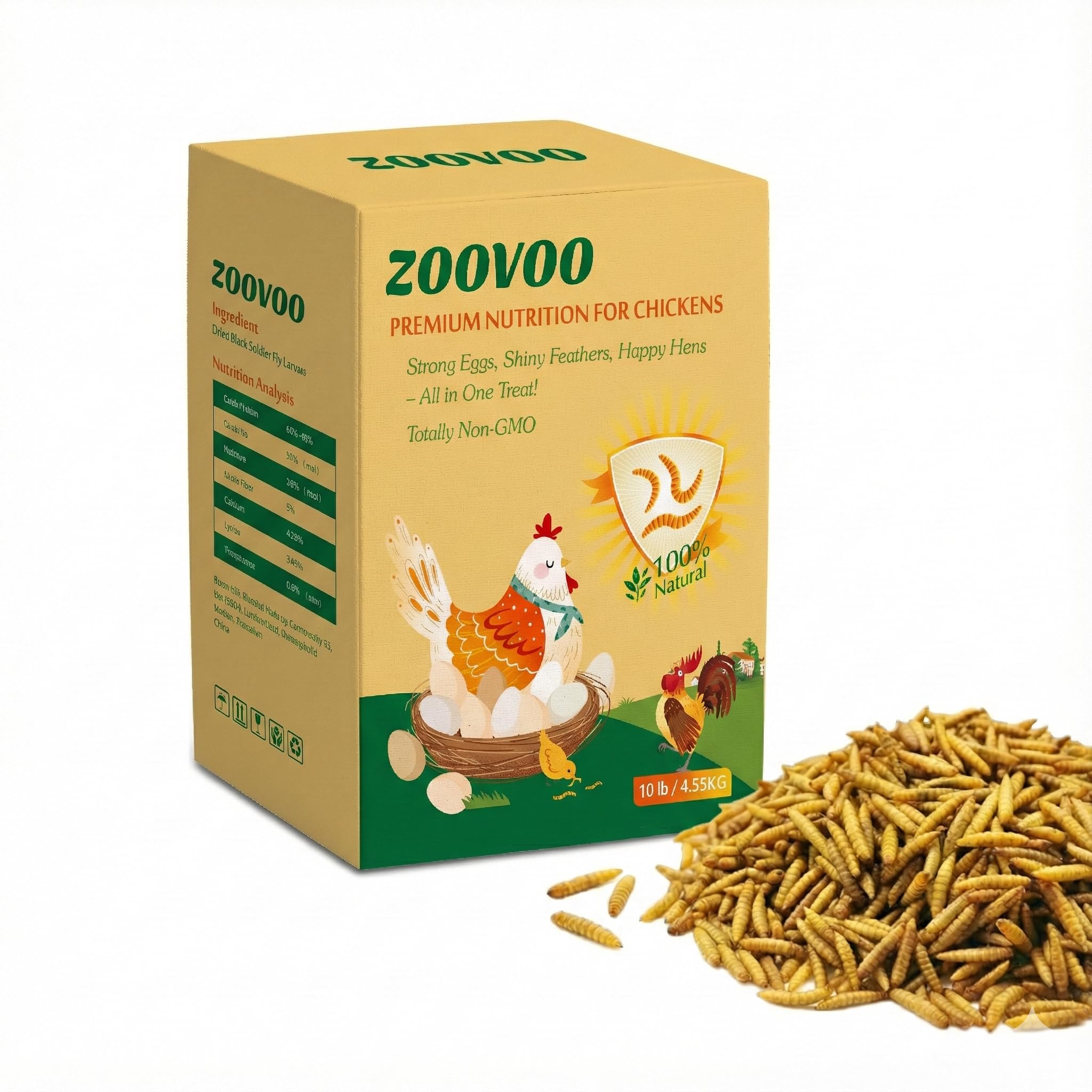 ZOOVOO dried BSFL larvae in resealable bag for high-protein nutrition in laying hens