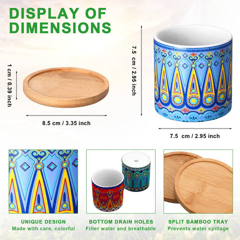 Colorful mandala-pattern pots brighten a windowsill with compact 3-inch size.