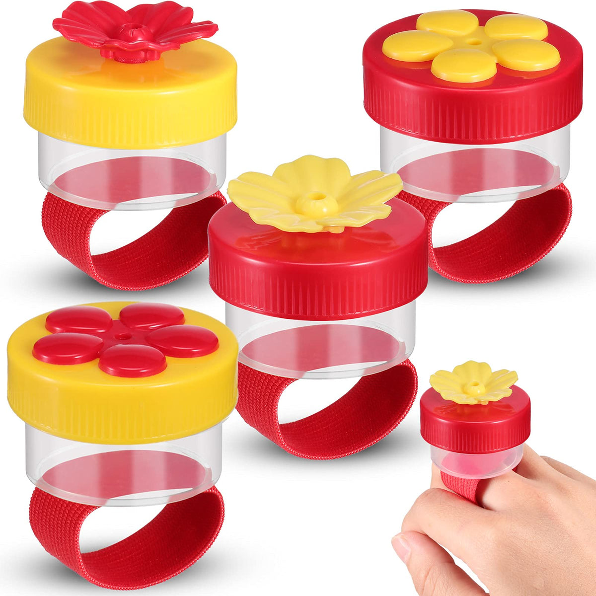 Zopeal wrist feeder in bright colors attracting hummingbirds for easy viewing