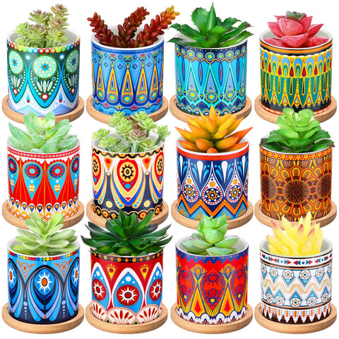 Zopeal mandala ceramic succulent pots set adds vibrant color to shelves and desks.