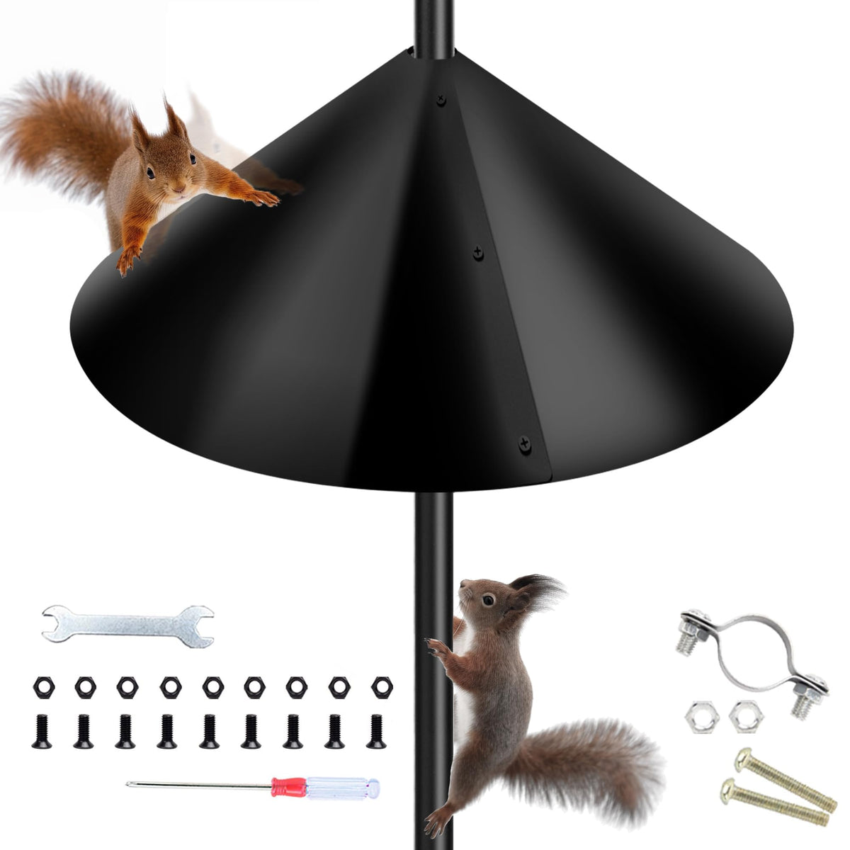Zopkrts Squirrel Baffle on a black 16-inch pole protects bird feeders from squirrels