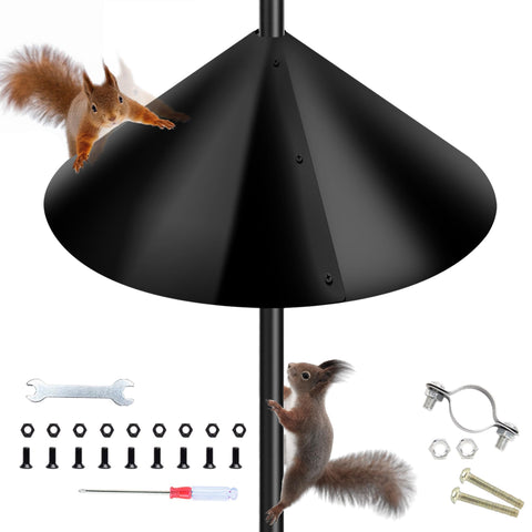 Zopkrts Squirrel Baffle on a black 16-inch pole protects bird feeders from squirrels