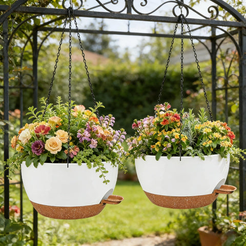 Zople hanging planter with adjustable chain for flexible porch or balcony display.