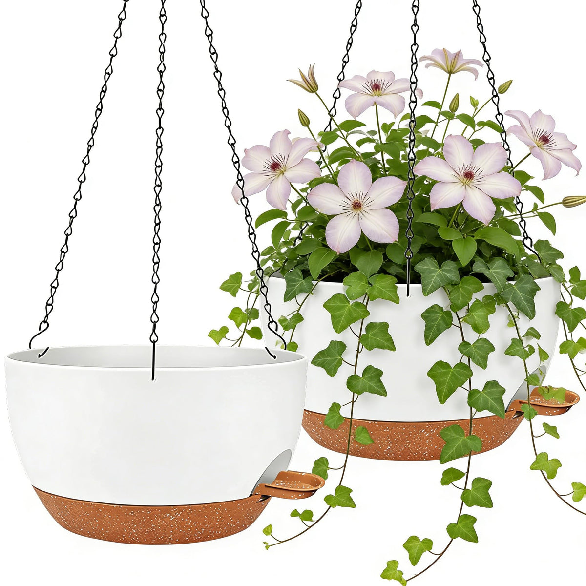 Zople 12-inch self-watering hanging planter with water reservoir for extended hydration.