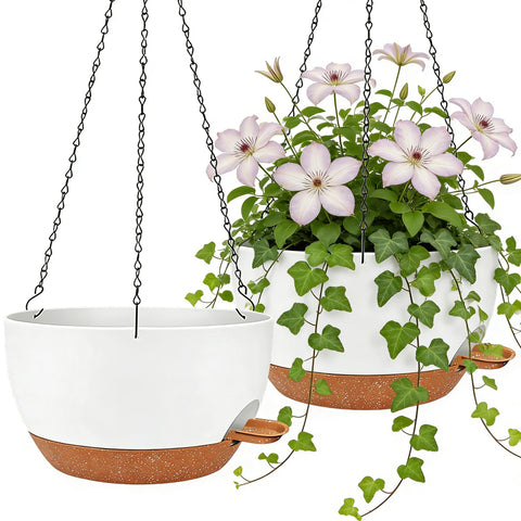 Zople 12-inch self-watering hanging planter with water reservoir for extended hydration.