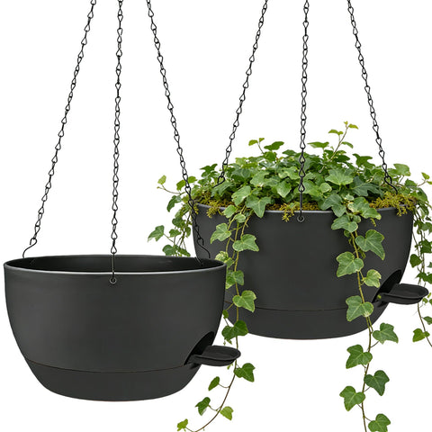 Zople 2-pack 12 inch self-watering hanging planters in black, ideal for low-maintenance indoor greenery.