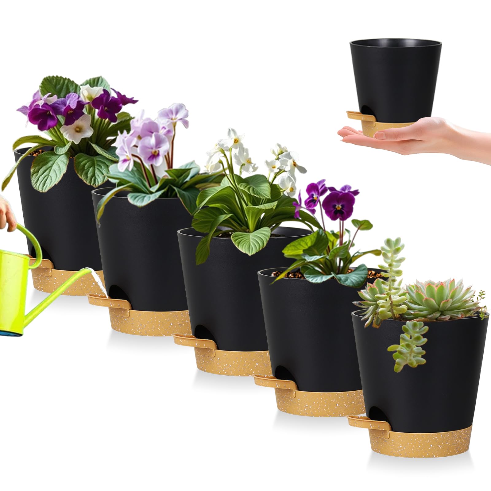 Zople 5in self-watering pot front view with black-brown finish for easy indoor watering