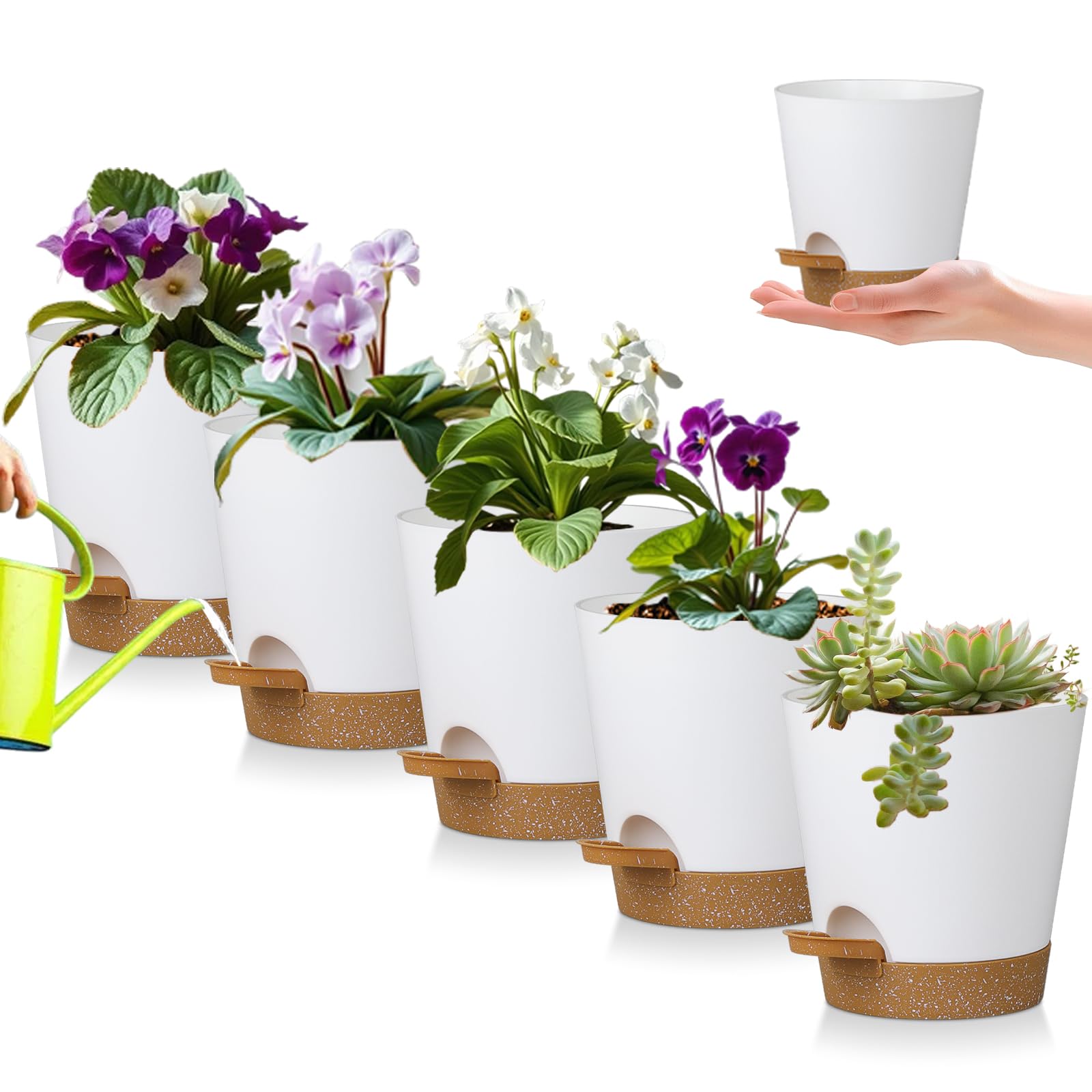 Zople 5in self-watering pot collection in white and brown for versatile indoor gardening