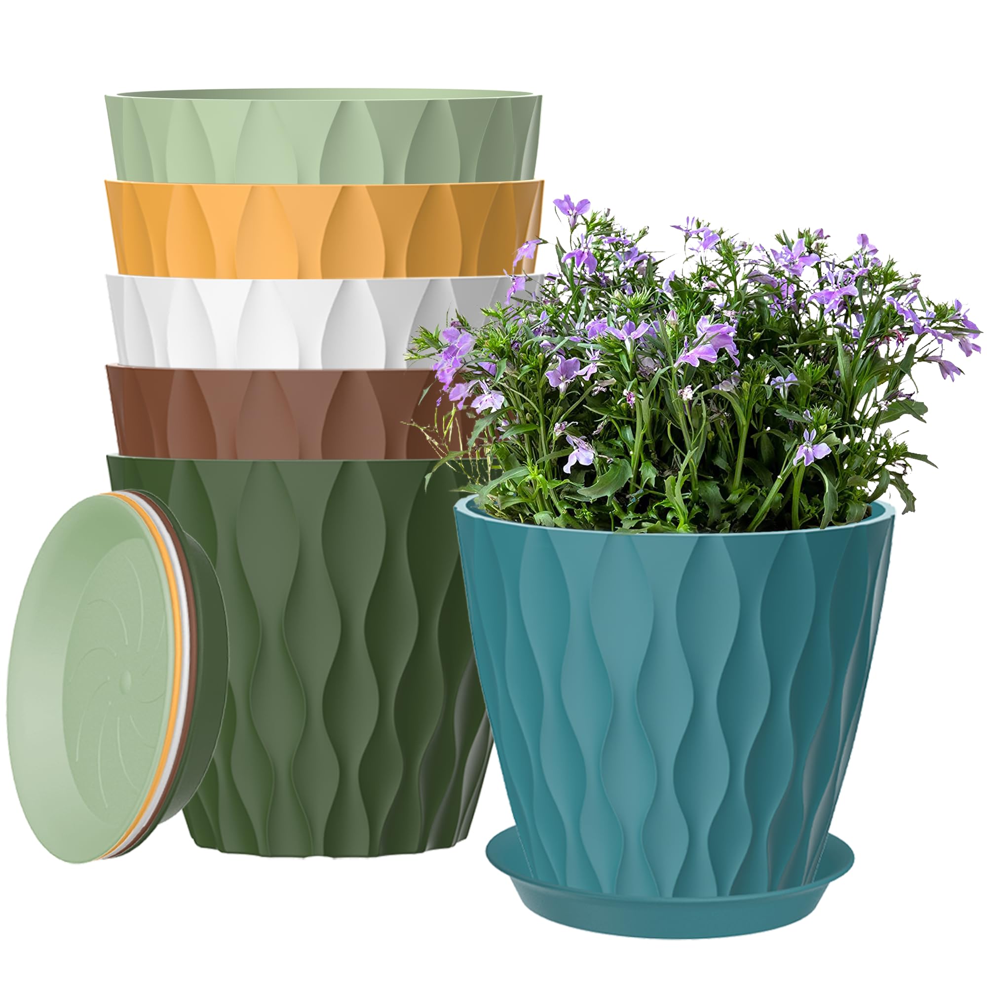Zople 6-pack 7-inch plant pots with drainage and saucers keep watering tidy.