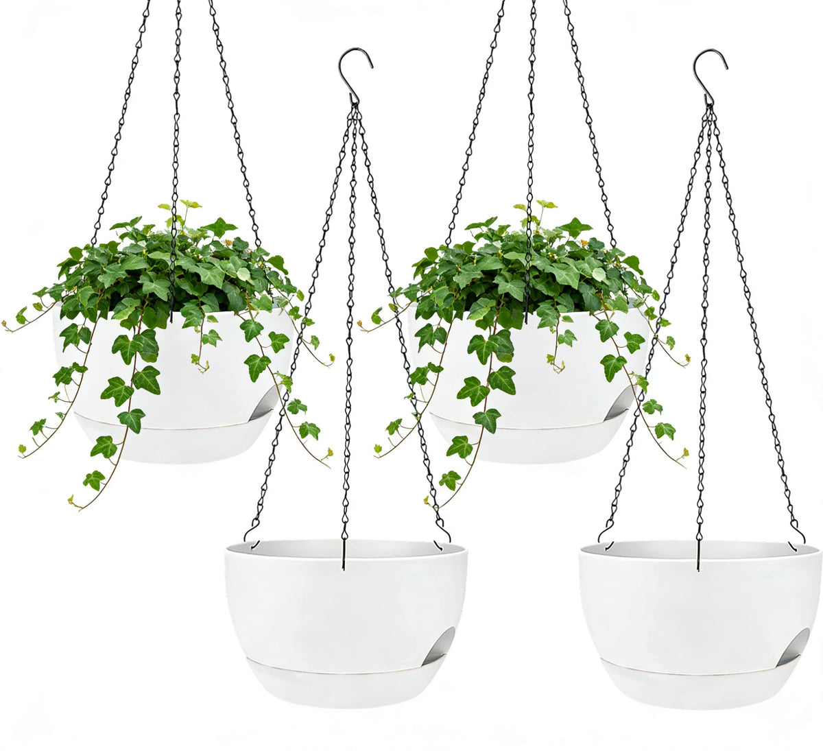 Zople 8-inch self-watering hanging planter set for space-saving indoor and outdoor display.