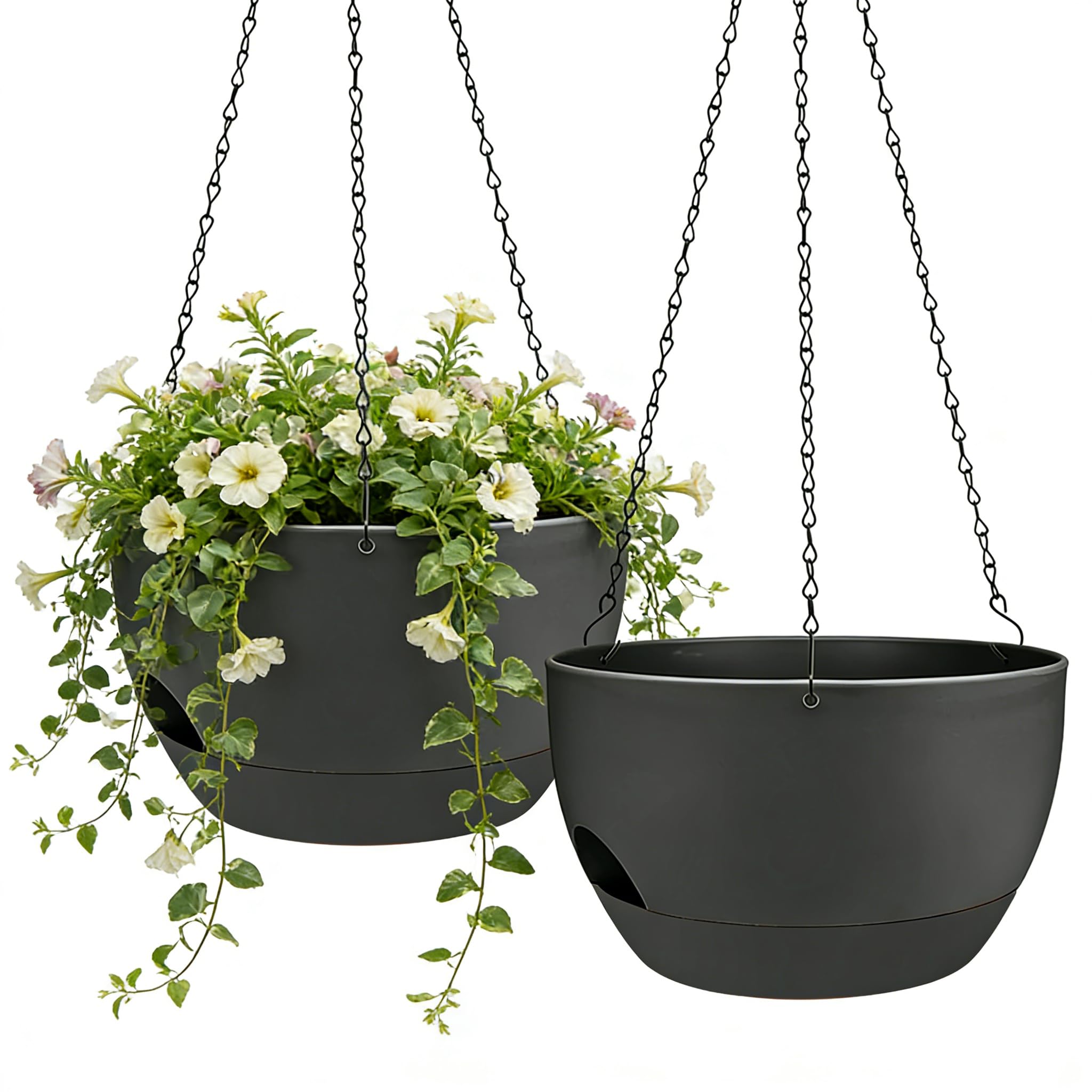 Zople 8-inch self-watering hanging planter side view with lush greenery.
