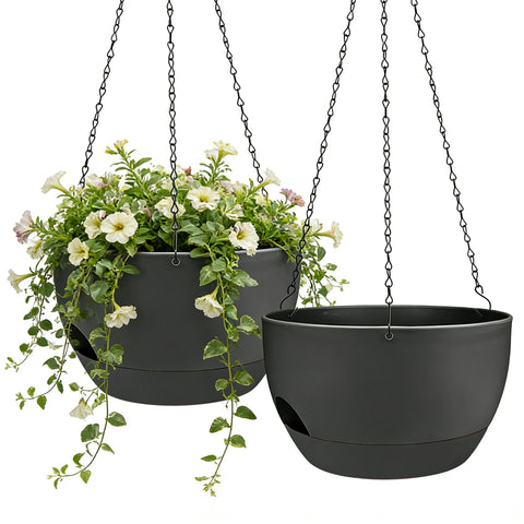 Zople 8-inch self-watering hanging planter side view with lush greenery.
