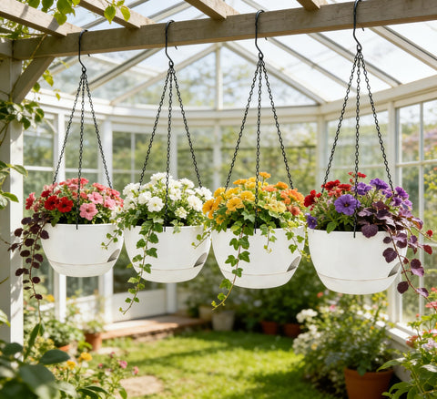 Zople hanging planter indoors or outdoors with ivy, pothos, and ferns for vibrant decor.