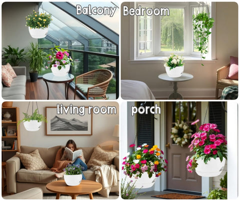 Zople white hanging planter complements patios and indoor decor.