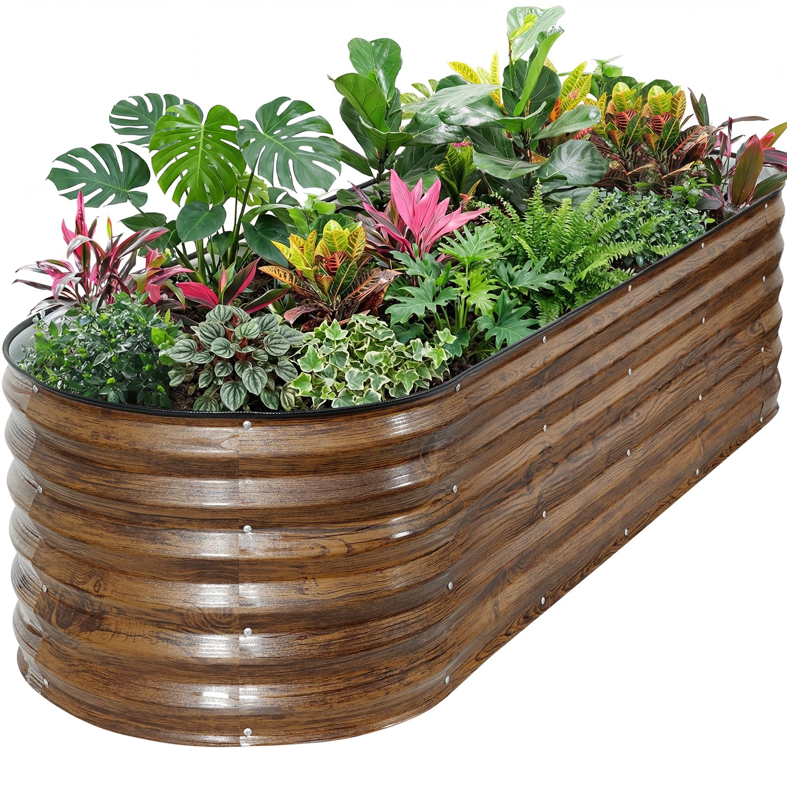 ZORMY brown oval galvanized raised bed top view showing spacious planting area