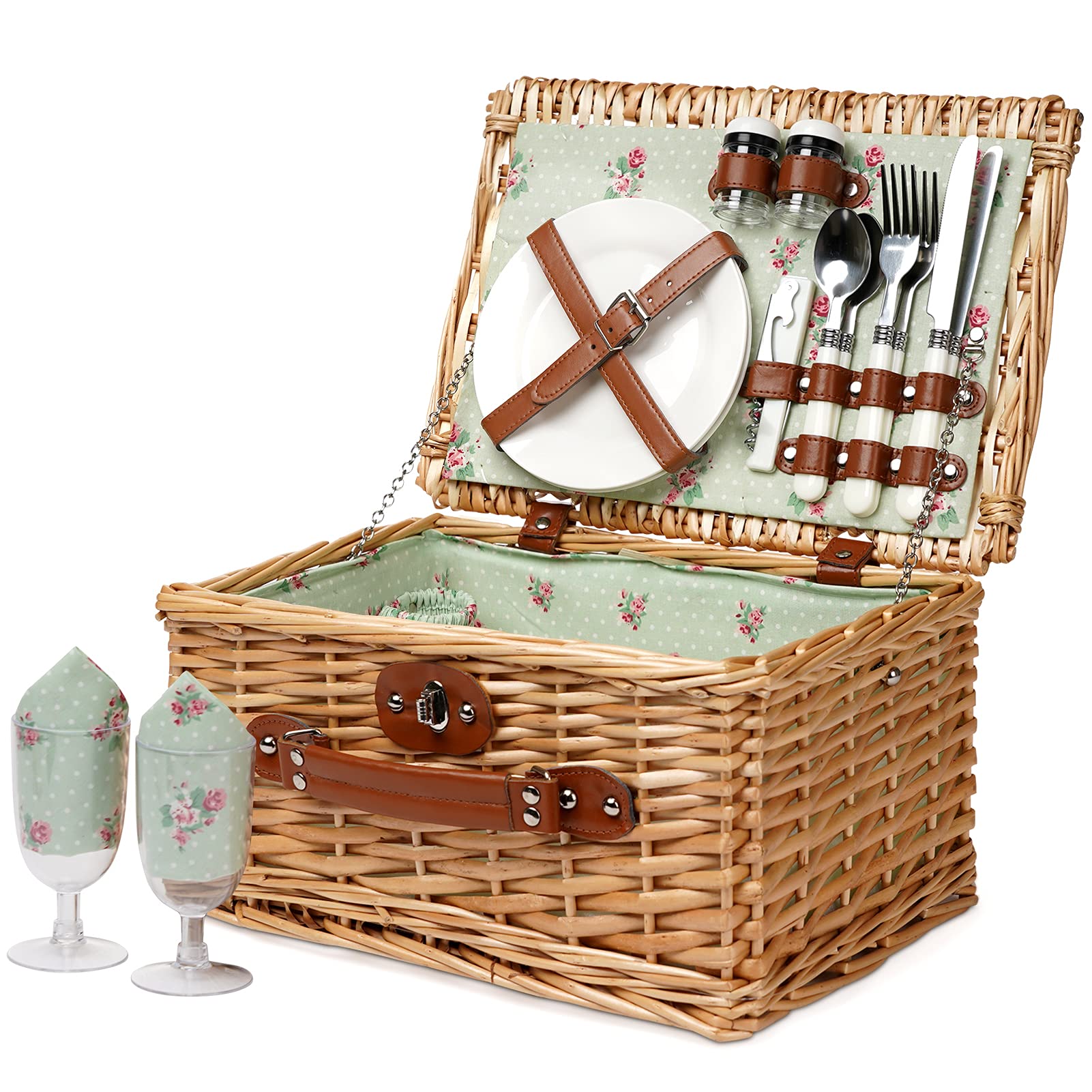 ZORMY wicker picnic basket with secure faux leather straps for easy transport.