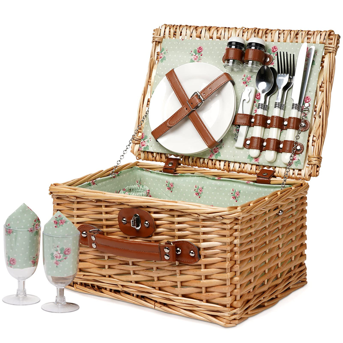 ZORMY wicker picnic basket with secure faux leather straps for easy transport.