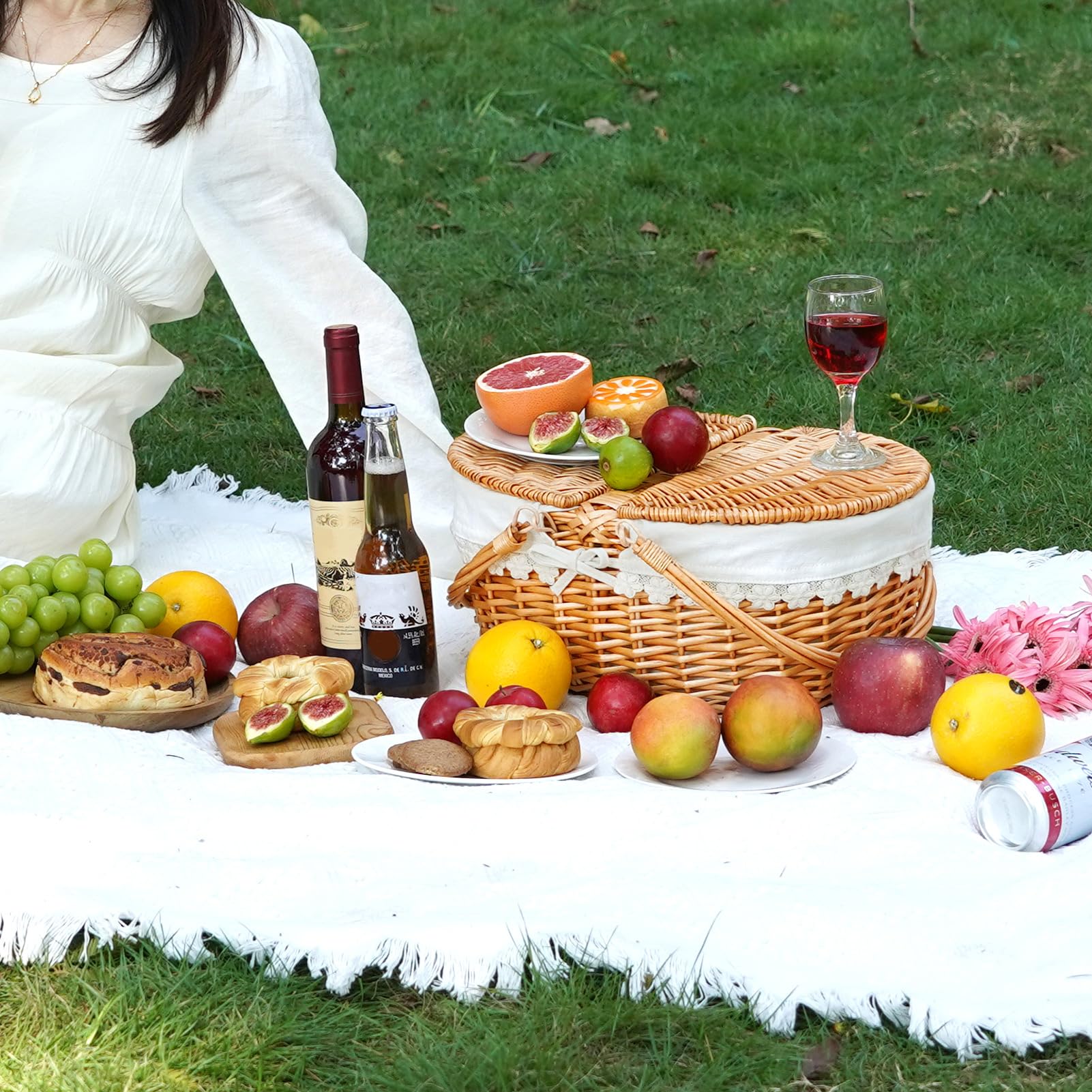 ZORMY wicker picnic basket folding woven handles for portable picnics and outings.