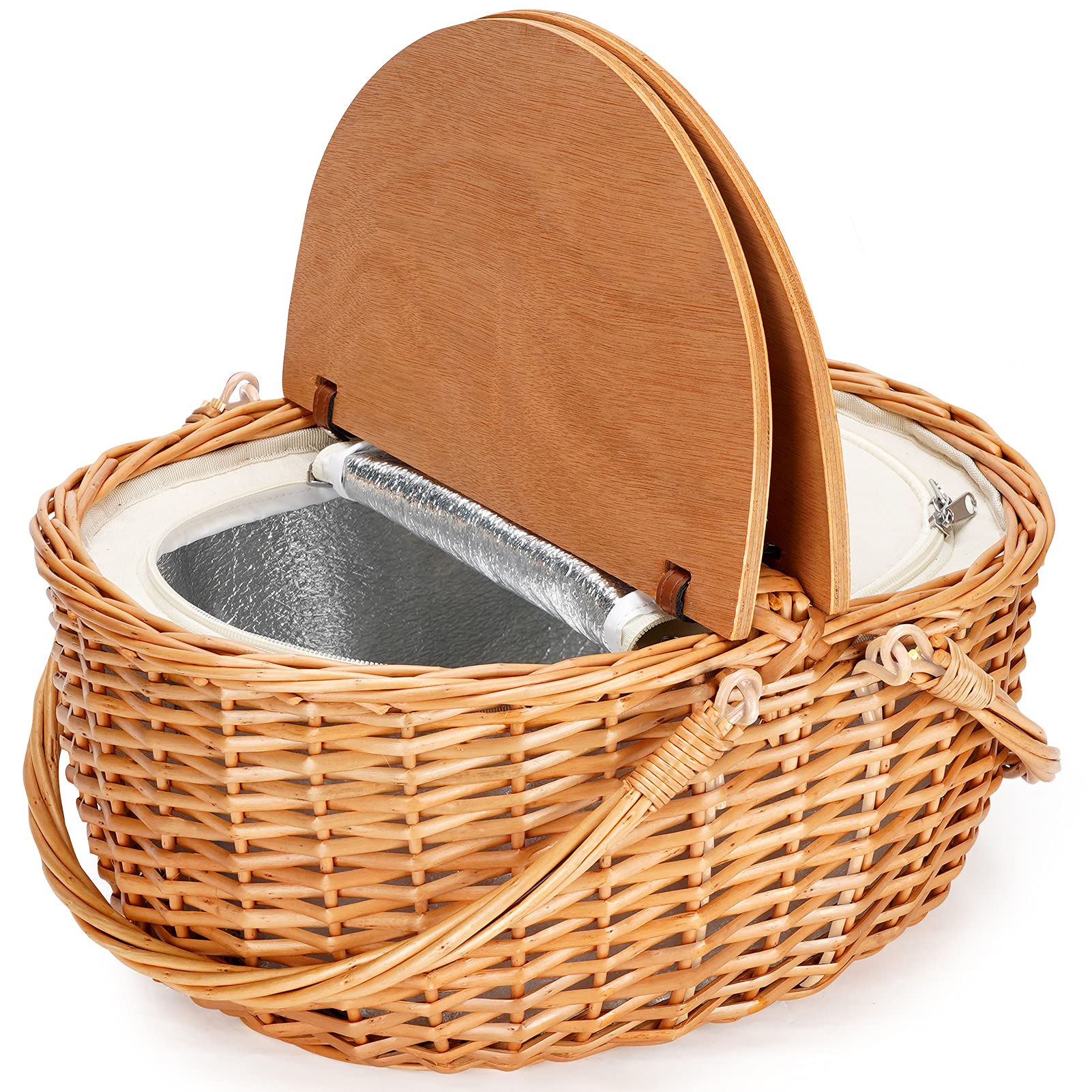 ZORMY handwoven willow basket with folding woven handle for easy carrying.