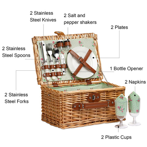 ZORMY 2-person wicker basket includes all-in-one picnic set for ready-to-go outings.