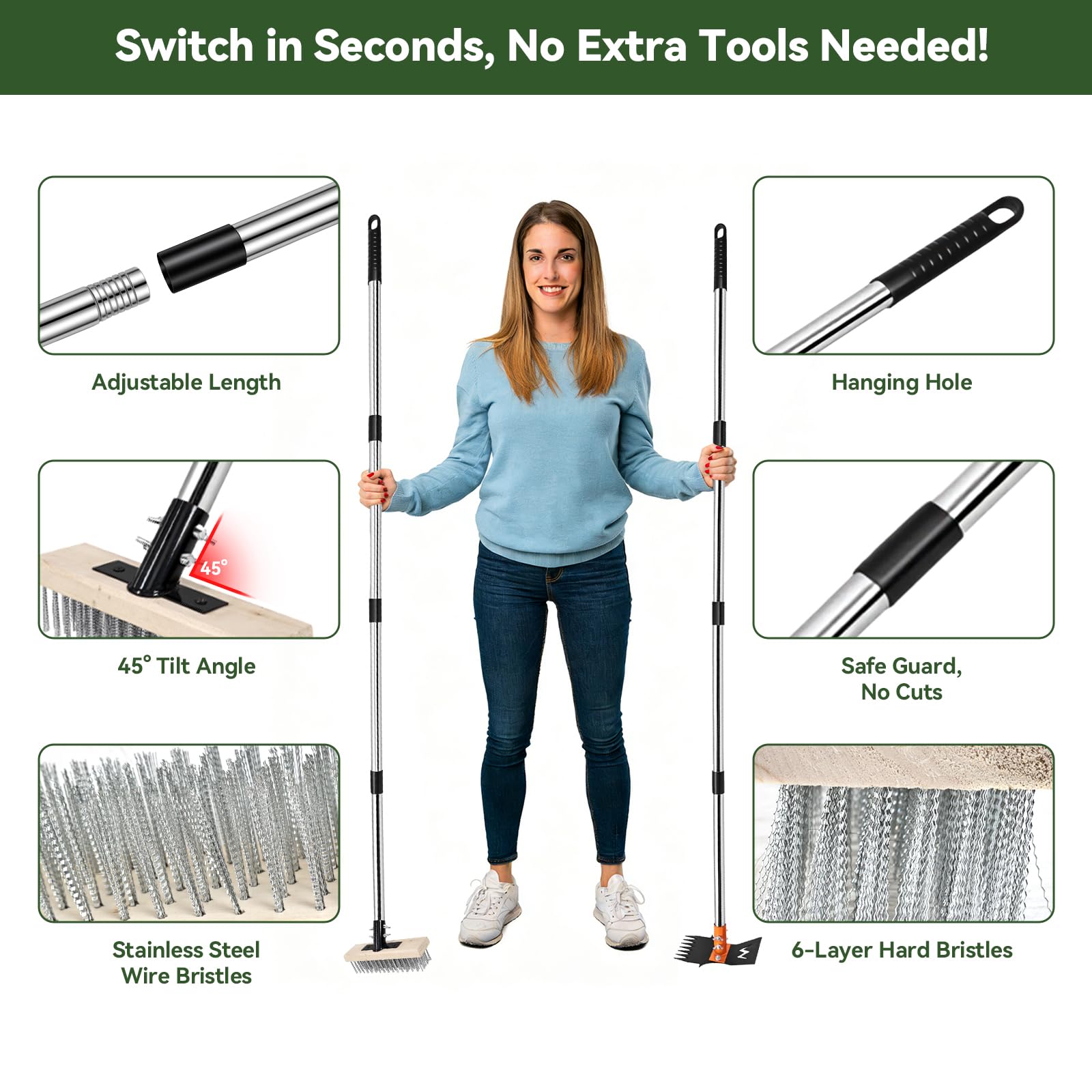ZORSHUY adjustable telescoping handle reduces back strain during tasks.