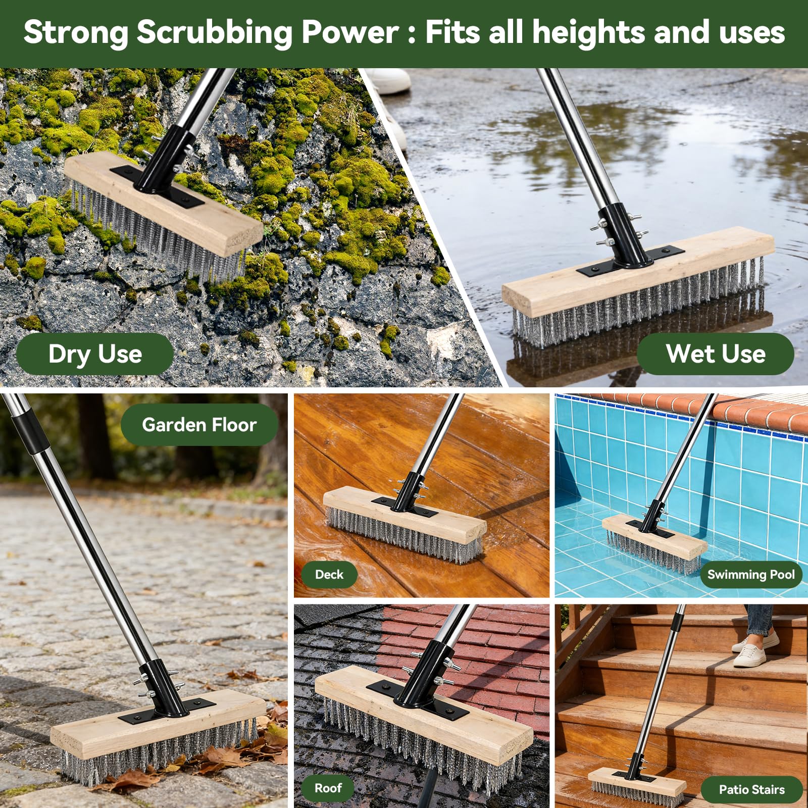 ZORSHUY heavy-duty steel deck brush scrubs concrete and decks efficiently.