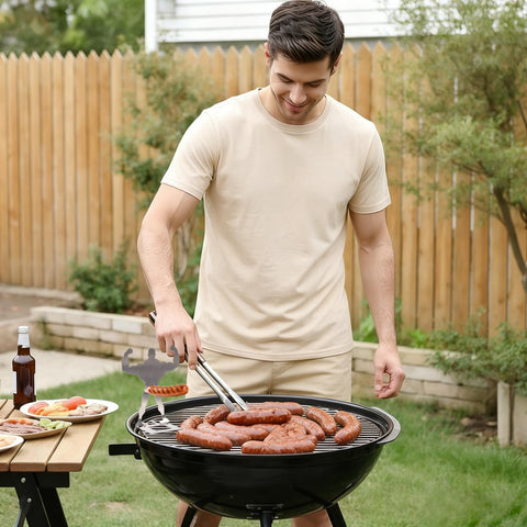 Zorythm hot-dog-grill-holder demonstrated for stable, even cooking outdoors.