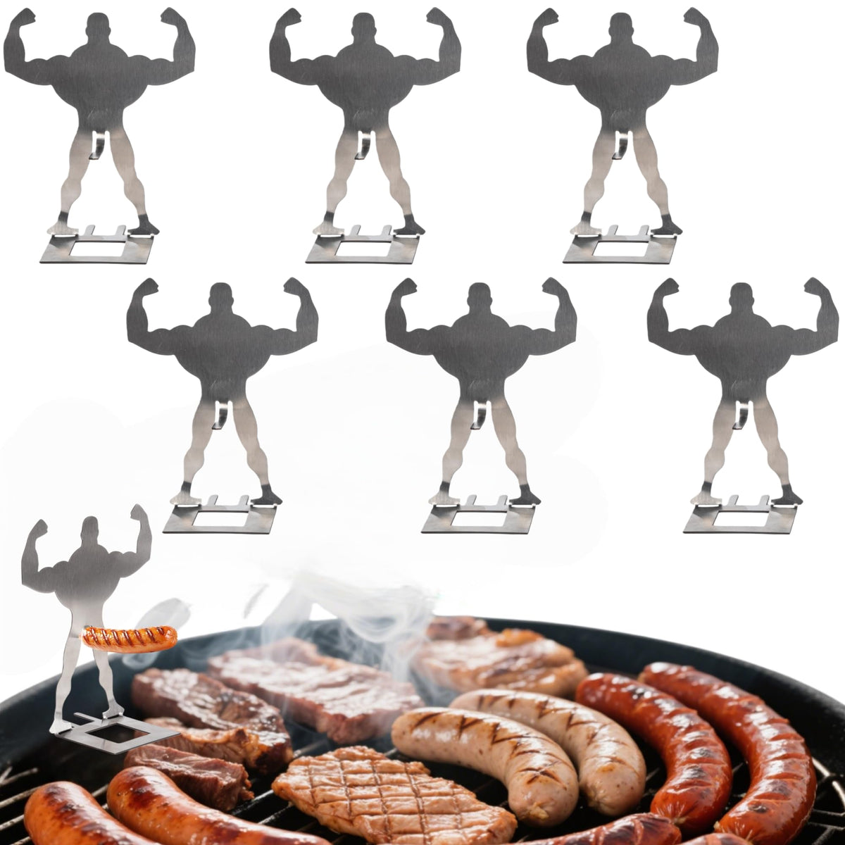 Zorythm muscle-man hot dog holder adds fun to grilling at home and camping.