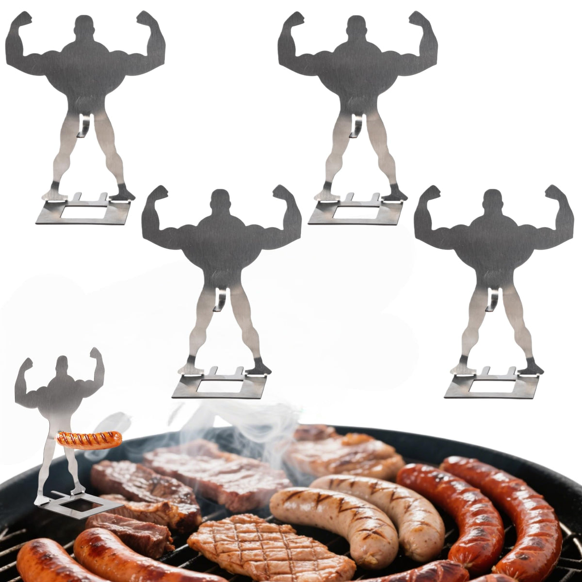 Zorythm muscle-man hot-dog-stand showing durable, easy-grip grilling support.