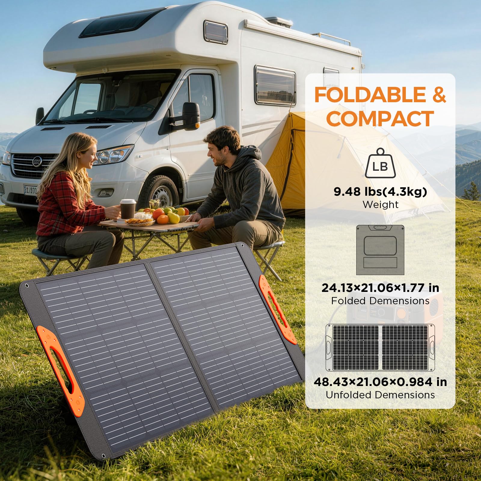 ZOUPW 100W solar panel angled at 45 degrees for faster charging
