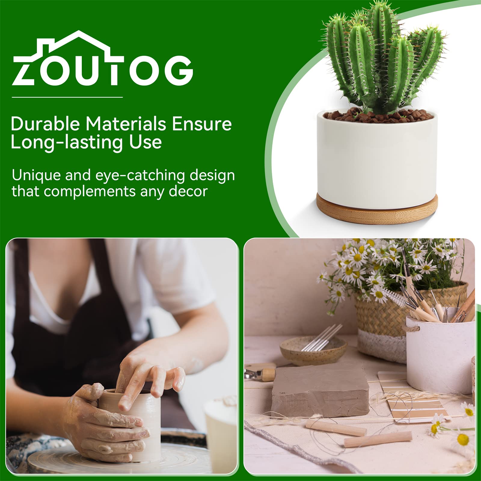 ZOUTOG small plants on a shelf styled with white ceramic pots.